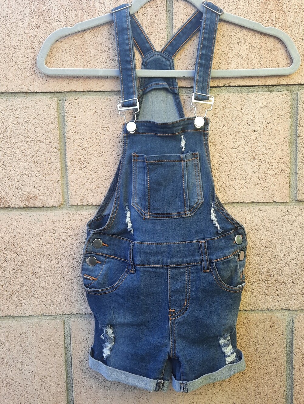T & Y Fashion Girl's Distressed Denim Overall Shorts Size 6 Dark Blue